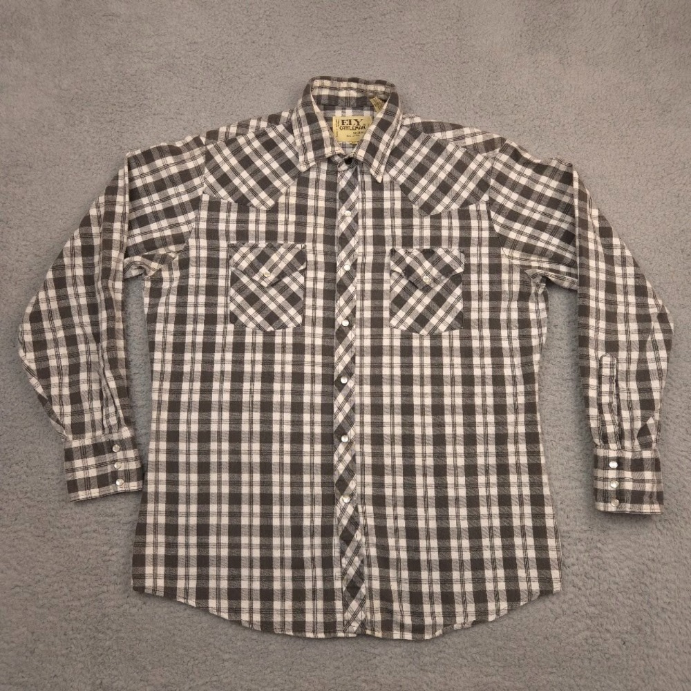 Ely Cattleman Plaid Western Snap Button Shirt Mens L Black White LS Cowboy